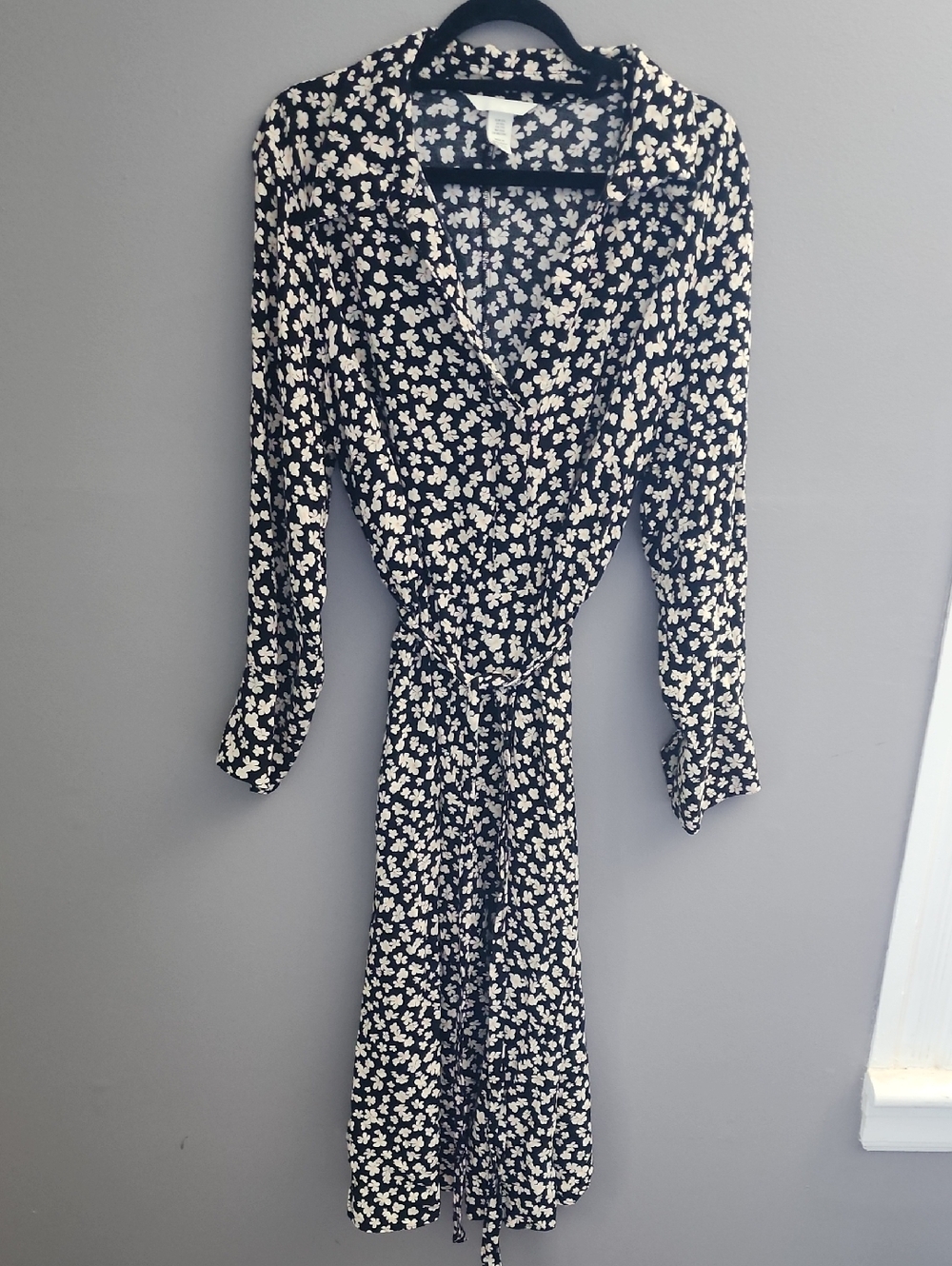 H&M Black Long-Sleeve Floral Wrap Dress with Tie